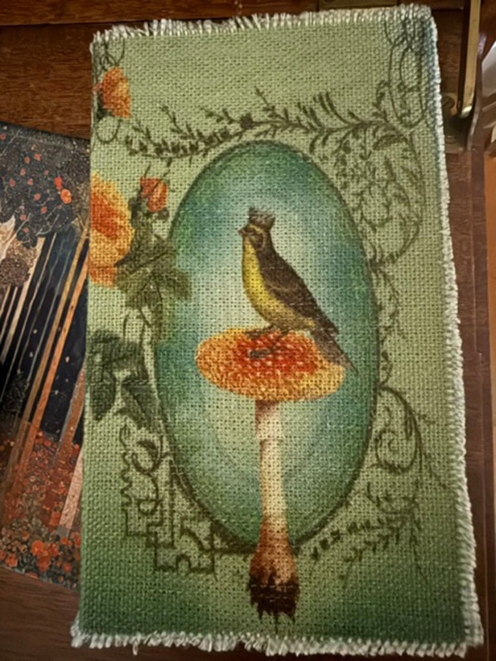 Fabric‑Covered Decorative Book Box Bird & Mushroom Hidden Storage Keepsake